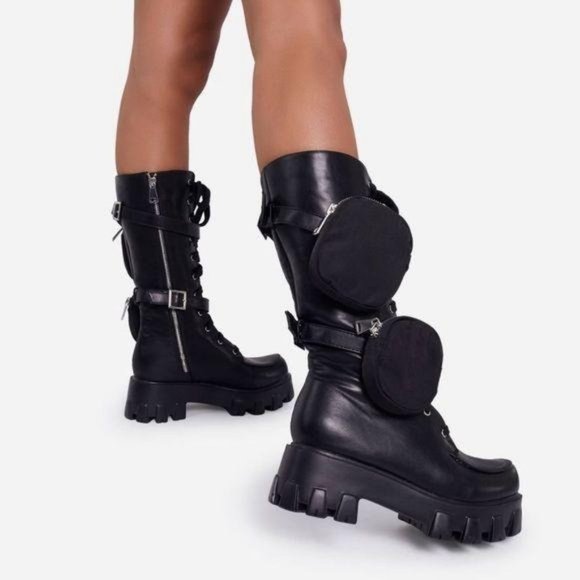 Shoes - Black Combat Boots with Removable Pouches